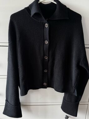 Quince Black Button-Front Ribbed Collared Sweater
